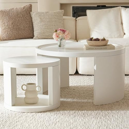 Round Nesting Coffee Table Set of 2, 31.5 and 18 in, White | White nesting coffee table, round tables for living room, space-saving center table - color: White