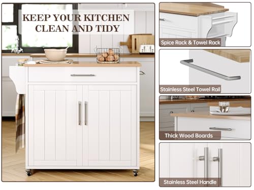 Kitchen Storage Island, Wooden Rolling Island On Wheels with Wood Top, Mobile Kitchen Island Cart with Towel Rack, Spice Rack and Drawers, White - color: White