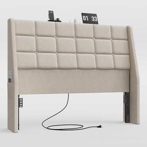 Ergonomic Upholstered Headboard Full Size w/Charging Station, Linen Wingback Headboards w/Storage Pocket, Full Headboard Only, Bed Frame Adapters, Sturdy Stable Solid Wood Bed Head Board, Beige - color: White Beige, size: Full