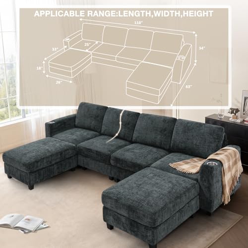 110" Convertible U-Shape Couch with 2 Flexible Ottomans, Grey | Soft Sectional Sofa with Durable Cup Holders, Chenille 4 Seater Sofa with Well-Filled Backrest for Living Room, House - color: Grey, size: 110" U-Shape