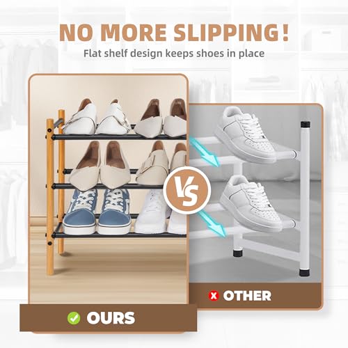 Storage MANIAC Expandable Shoe Rack, 12 Pairs Stackable Small Shoe Rack, Metal Adjustable Shoes Organizer for Closet, Entryway, Hallway, Garage, Front Door, Shoes Shelves, Bamboo 3 Tier - size: 3 Tier