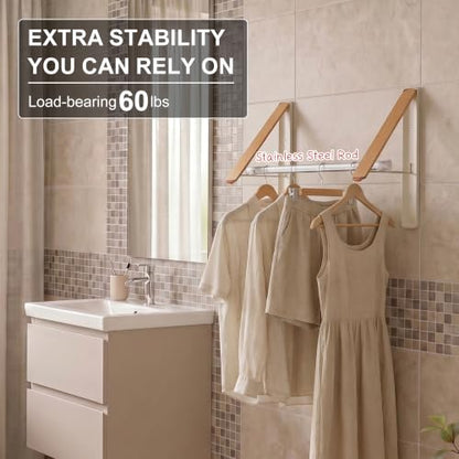 LEQ Clothes Drying Rack Wall Mounted, Foldable Laundry Drying Rack with Wood-Tone Aluminum Frame, Rustproof Retractable Clothes Hanger for Small Laundry Room, Bathroom, Balcony,(White, 2 Racks + Rod) - size: 2 Racks+Rod