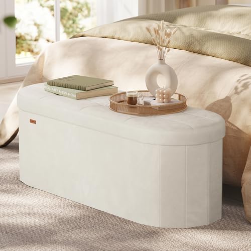 SONGMICS Mazie Collection - Folding Ottoman with Storage, Oval Storage Ottoman Bench, for Living Room, Bedroom, Velvet Fabric, 15 x 43 x 15 Inches, Cream White ULSF297LH01 - color: Cream White, size: 15"D x 43"W x 15"H, style: Oval