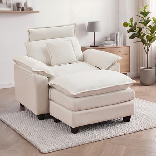46'' Oversized Chaise Lounge with Ottoman, Cloud Deep Seat Accent Sofa Chair with Detachable Headrest, Double Thicked Cushion Lounge Armchair for Living Room, Bedroom, Beige - color: Beige, size: Chaise Lounge Chair