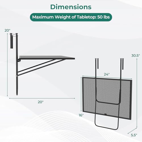 Tangkula Balcony Railing Table, Outdoor Folding Hanging Table with Metal Frame, Space-Saving Bar Serving Table Fits Railings Up to 2.4” Thick for Patio, Porch, Deck - size: 24” x 20” x 20”