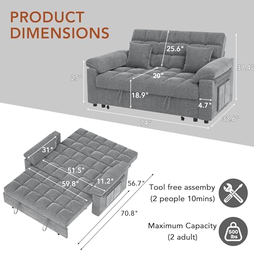 Vipbear Sleeper Sofa Bed, 70" Pull Out Futon Couch with Small Table| USB Port | Side Pockets | Tool-Free Assembly | Adjustable Backrest for Apartment, Office, Guest Room, Chenille Light Grey - color: Light Grey