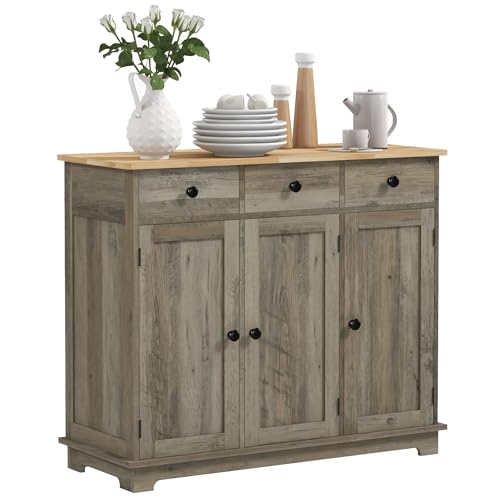 HOMCOM Sideboard Buffet Cabinet Solid Wood Countertop Distressed Gray | Modern Kitchen Storage, Coffee Bar Cabinet, 3 Drawers, Doors, Adjustable Shelf - color: Distressed Gray, size: 39.75" x 15.75" x 33.5"