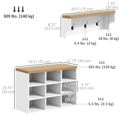 HOMCOM 2-in-1 Coat Rack Shoe Bench Set, 5-Hook Hall Tree with Bench, White | Shoe Storage for 9 Pairs of Shoes, Coat Rack with Bench, Entryway, Hallway