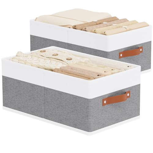 Storage Bins Organizers,18.5×11×7.9In,White/Grey Boxes,2Pack | Clothing Storage Baskets,Fabric Closet Organizer,Foldable Containers with PP Plastic Board,Large Cubes for Clothes,Hat,Books - color: White/Grey, size: Jumbo -2 Pack