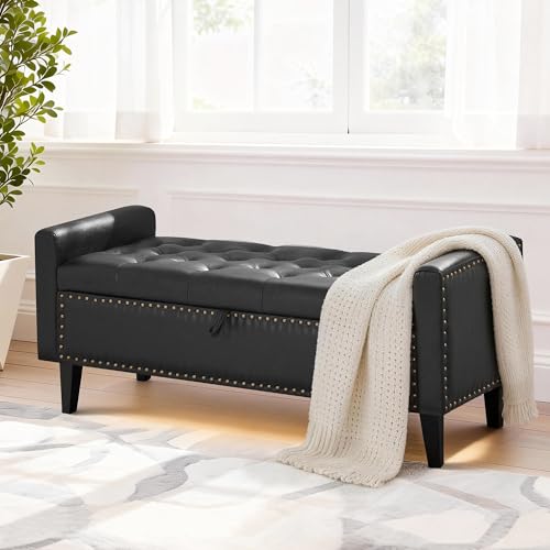 47'' Leather Storage Ottoman Bench, End of Bed Storage Bench with Wooden Legs, Upholstered Tufted Ottoman with Storage for Bedroom, Living Room, Entryway, Black - color: Pu-black