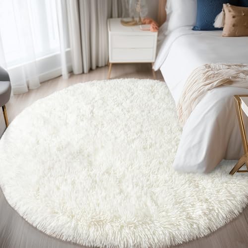 5ft Fluffy Cream White Round Rug for Bedroom, Washable Non-Slip | Soft Shag White Circle Rug for Kids Room Dorm Living Room Home Decor, Thick Memory Sponge, Flame Resistant - color: Cream White, size: 5' (Round)