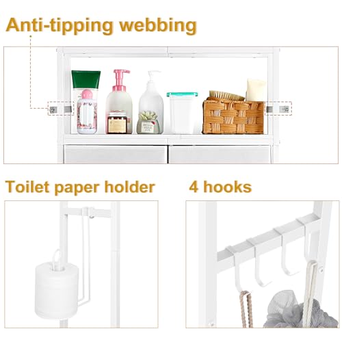 YBING Over The Toilet Storage Cabinet, Over Toilet Bathroom Organizer with Drawer, Roll Holder and Hooks, Bathroom Storage Cabinet, Wooden, White - color: Whtie