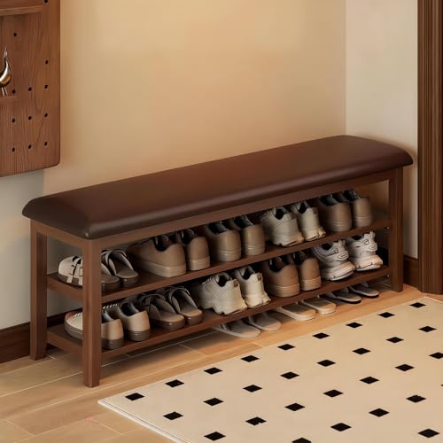 Wooden Shoe Storage Bench with Leather Cushion, Dark Brown, 47.2" | Rustic Solid Wood Entryway Bench, Shoe Rack Bench for Hallway, Front Door, Equipped with 2 Height-Adjustable Shelves - color: Dark Brown, size: 47.2"L x 11.8"W x 18"H