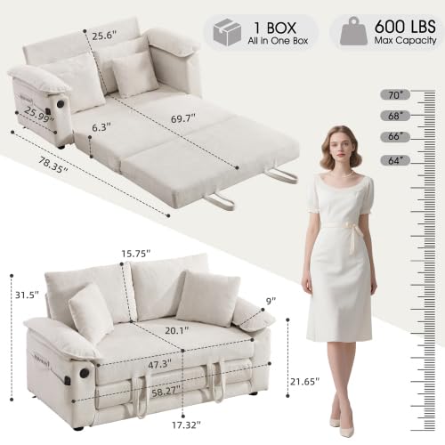 3-in-1 Convertible Pull Out Loveseat Sofabed, Upholstered Sleeper Sofa Bed | Foldable Loveseat Sleeper Couch, Space‑Saving Lounge Mattress Sofa with Pillows & Cushion for Living Room/Apartment, White - color: White