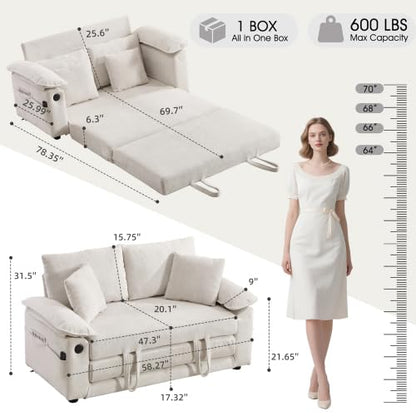 3-in-1 Convertible Pull Out Loveseat Sofabed, Upholstered Sleeper Sofa Bed | Foldable Loveseat Sleeper Couch, Space‑Saving Lounge Mattress Sofa with Pillows & Cushion for Living Room/Apartment, White - color: White