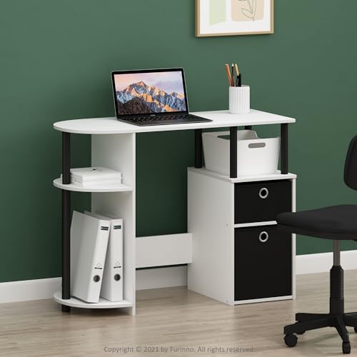 Furinno Jaya Desk, 38.4" Wide Gaming Desk with Bin Drawers, Computer Desk with Side Shelf, Office Desk for Study, Home Office, Bedroom, Dorm, Study Room, White - color: White/Black