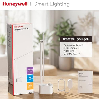 Honeywell LED Desk Lamp, Sunturalux™ White Desk Lamps for Home Office USB | Foldable LED desk lamp with USB-C/A charger, RG0 eye-safe, CRI95, stepless dimming 10%-100%, 3 color temps (3000K-5000K) - color: White