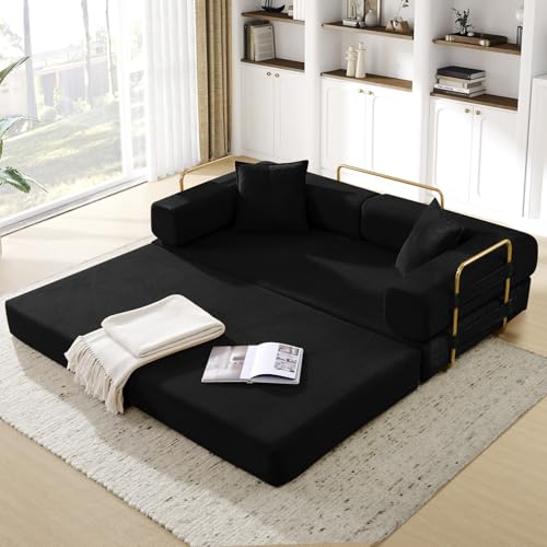 Convertible Folding Sofa Bed, Corduroy Sleeper Mattress Couch with Fixed-Shape Frame, Free Combination Loveseat Lounge Floor Sofa, Queen Size Memory Foam Couch for Living Room, Bedroom, Carbon Black - color: Carbon Black