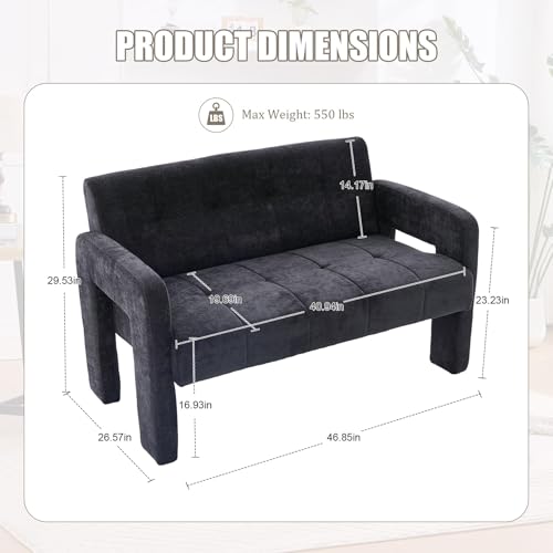 46.8" Modern Compact Loveseat, Chenille Upholstered Sofa with Dual Armrests - Small Two-Seater Lounge Couch for Small Spaces, Living Rooms, Bedrooms (Black) - color: Black