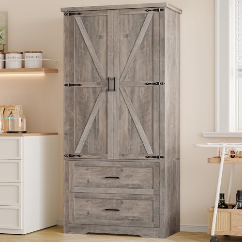 BORNOON Pantry Organizers and Storage Cabinet, 71” Barn Door White Kitchen Cabinet with Drawers and Adjustable Shelf, Tall Pantry for Kitchen, Dining Room, Living Room. Bathroom and Office - color: Wood, size: Double Drawers