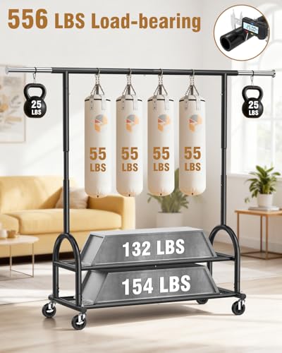 Heavy Duty Clothes Rack for Hanging Clothes Load 556 LBS, Height Adjustable Rolling Clothing Racks, Portable Metal Coat Rack Garment Wardrobe with Wheels and Shelves for Bedroom Laundry, Black - color: Black, style: 2 Shelves