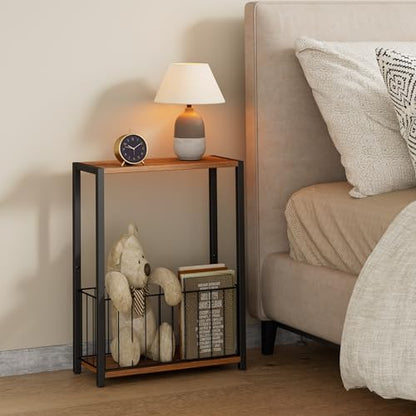 Homleke Narrow Side Table with Magazine Holder, Skinny End Table | Space-Saving Design, Small Spaces, Storage Shelf, Metal Frame, Easy Assembly, 7.1" D x 16.9" W x 23.6" H, Rustic Walnut - color: Rustic Walnut - Standard