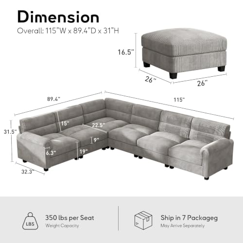 Bonzy Home Modular Sectional Sofa for Living Room, Comfy Corduroy 6-Seat U Shaped Couch with Movable Ottoman and Rolled Arms, Modern Couch for Bedroom, Apartment, Office, Gray - color: Light Gray, size: 6+0