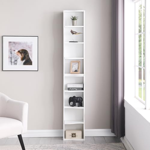 Tall Narrow Bookshelf, 8-Tier Tall Skinny Shelf with Adjustable Shelves, Narrow Bookcase for Small Spaces, 70.87" Slim Bookshelf for Home Office, Easy to Assemble, White - color: A-white
