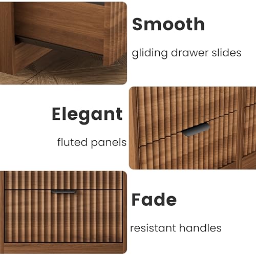 LED Nightstand with Charging Station, Fluted Nightstand Set of 2, Wood Nightstands with 2 Drawers & Metal Handles, Modern Bedside Table & End Tables, Farmhouse Night Stands for Bedroom, Walnut - color: Walnut, style: LED 2 Drawers-2 PCS