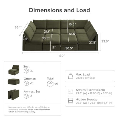 mopio Oversized Modular Sectional Sofa with Fully Removable Covers and Storage, Convertible U, L-Shaped and Sleeper Sectional, Modern Couches with Ottoman Chaise (Olive Green Velvet, 8 Seats, Sleeper) - color: [Gen 2] Olive Green Velvet, size: 8 Seats, Sl