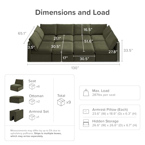 mopio Oversized Modular Sectional Sofa with Fully Removable Covers and Storage, Convertible U, L-Shaped and Sleeper Sectional, Modern Couches with Ottoman Chaise (Olive Green Velvet, 8 Seats, Sleeper) - color: [Gen 2] Olive Green Velvet, size: 8 Seats, Sl