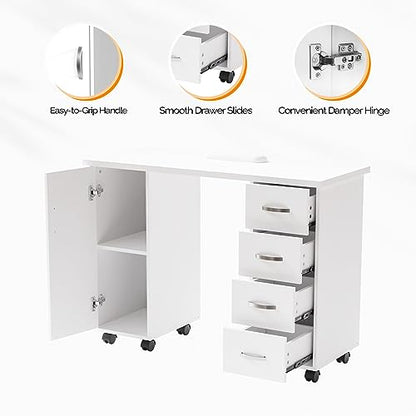OmySalon Manicure Table Nail Desk w/Cabinet, Drawers, Wheels & Wrist Rest, Spa Salon Beauty Home Wooden Technician Workstation Nail Art Equipment for Nail Tech, White - color: White
