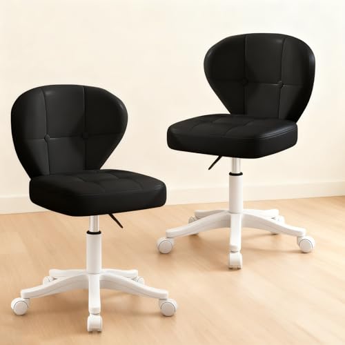 Small Office Chair with Lumbar Support, PU Leather Armless Swivel Desk Chair Adjustable Height, Compact Rolling Chair for Home Office, Bedroom, Study Black Set of 2 - color: Black, size: Set of 2