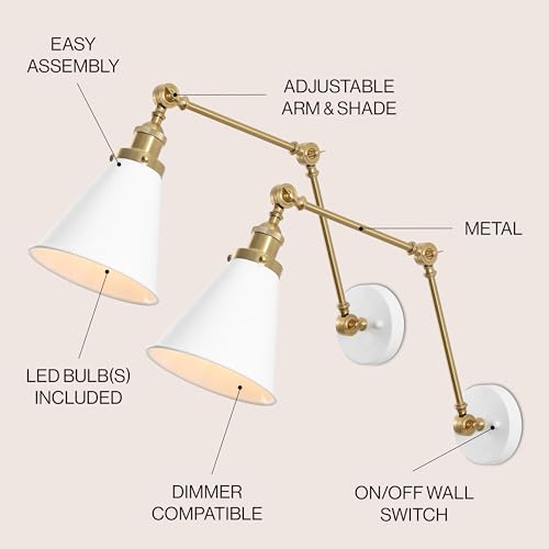 JONATHAN Y Rover 1-Light Wall Sconce 7", White/Brass Gold, Set of 2 | Adjustable Arm, Hardwired Bedside Reading Swing Arm, Farmhouse Cone Shade, Metal Hardwired Indoor Fixture, LED Bulbs Included - color: White/Brass Gold, size: Set of 2