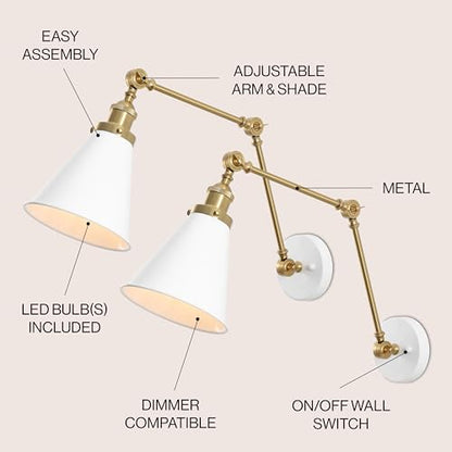 JONATHAN Y Rover 1-Light Wall Sconce 7", White/Brass Gold, Set of 2 | Adjustable Arm, Hardwired Bedside Reading Swing Arm, Farmhouse Cone Shade, Metal Hardwired Indoor Fixture, LED Bulbs Included - color: White/Brass Gold, size: Set of 2