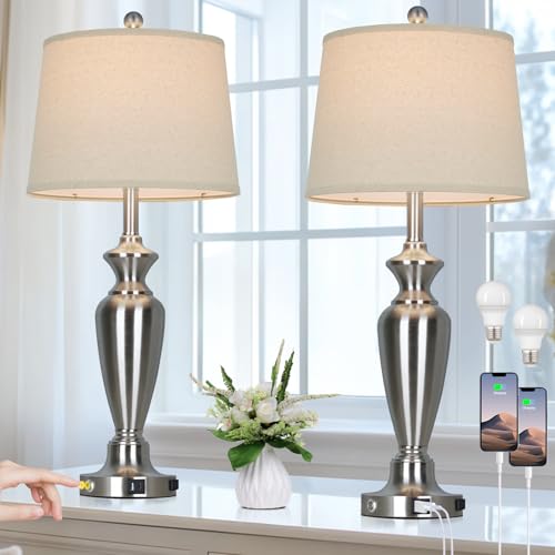 Cinyirong 30" Tall Silver Table Lamps Set of 2 for Living Room, 3-Way Dimmable Touch Control Bedside Lamps for Bedroom Nightstand with USB A+C Ports & AC Outlet (2 LED Bulbs Included) - color: Silver (2 Pack)