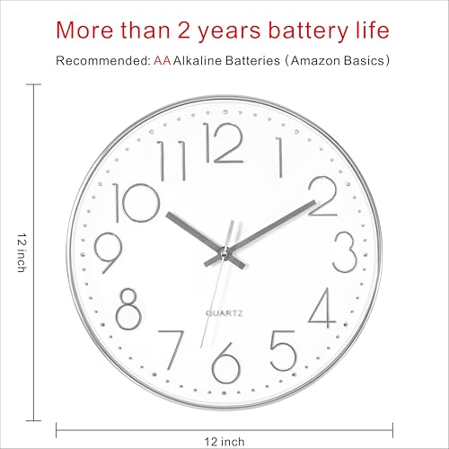 Foxtop 12" Modern Wall Clock Silent Battery Operated Analog Clock, Silver | Non Ticking, Quartz, Round, Easy to Read, Bedroom, Kitchen, Living Room, Office - color: Silver, size: 12 Inch Quartz