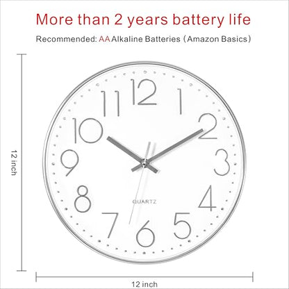 Foxtop 12" Modern Wall Clock Silent Battery Operated Analog Clock, Silver | Non Ticking, Quartz, Round, Easy to Read, Bedroom, Kitchen, Living Room, Office - color: Silver, size: 12 Inch Quartz