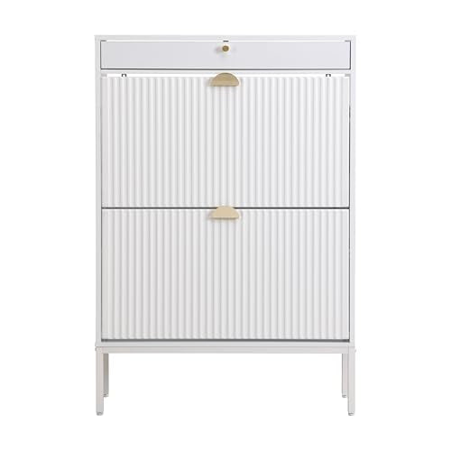 Shoe Cabinet, Shoe Storage Organizer Cabinet with 2 Flip Wavy Line Drawers, Freestanding Shoe Rack with Adjustable Shelf for Entryway (White) - color: Wavy Line-white