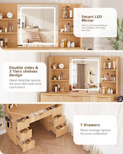 LIVELYGLOW 43" Large Natural Wood Makeup Vanity Desk with Charging Station | Fluted Design, Smart LED Mirror, Hairdryer Holder, 7 Drawers - color: Wooden/Fluted