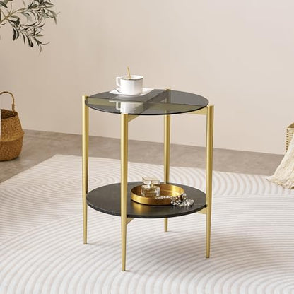 LumFurn D18in Round Glass End Table, Mid-Century Modern Side Table for Living Room, D18xH23inch, Grey Glass and Black Marble MDF Wood, Conical Legs with Gold Finish Frame - color: D18" Grey & Black Marble