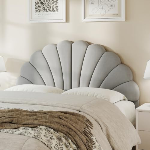 Queen Size Headboard Only, Velvet Petal Wall Mounted, Light Gray | 2 installation options: 1.bed frame mount 2.wall mount (for adjustable bed), Easy to install, Elegant and unique design - color: Velvet-gray, size: Queen/Full