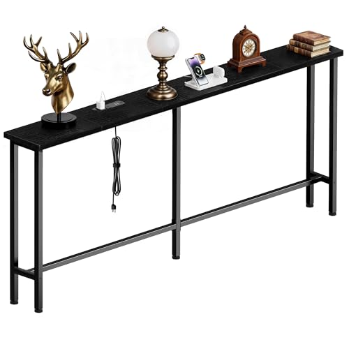 GRLEAF 78 Inch Narrow Sofa Table with Power Outlet, Extra Long Console Table Behind Couch Table with Charging Station, Skinny Entryway Table Thin Table for Living Room, Narrow Spaces (Black) - color: Black, size: 78IN