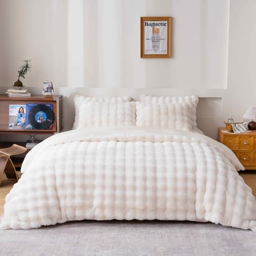 Fluffy White Duvet Cover Twin Set, Soft Shaggy Plush Rabbit Bedding Set 2 Pieces (1 Fuzzy Comforter Cover + 1 Faux Fur Pillow Cases) Zipper Closure（White, Twin） - color: White, size: Twin