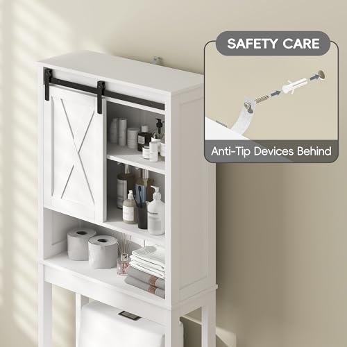 Xilingol Over The Toilet Storage Cabinet, Farmhouse Bathroom Storage Cabinet with Sliding Doors and Adjustable Shelf, Space-Saving Over Toilet Storage, White