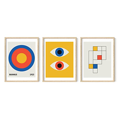 HAUS AND HUES Bauhaus Poster Art - Set of 3 Modern Abstract Wall Art, Vintage Posters and Prints, Frameable Blue Yellow Wall Art, Colorful Art (Beige Frame, 12x16) - color: Bauhaus, size: 12"L x 16"W, style: Beige Framed