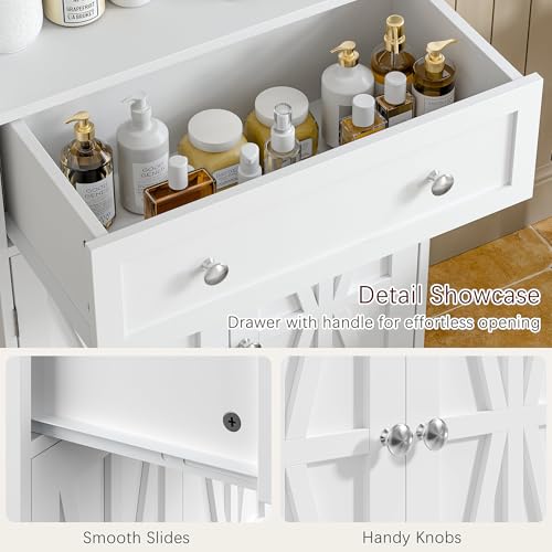 VECELO Bathroom Floor Storage Cabinet with Drawer, Freestanding Storage Unit with Adjustable Shelves, Open Compartments, for Bathroom, Living Room, Kitchen, White