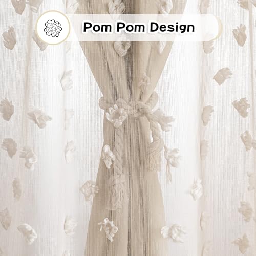 MYSKY HOME Double Layer Curtains for Girls Bedroom Kids Curtain Beige Pom Pom Sheer Window Curtains 2 Panels Beige Curtains Grommet Room Darkening Solid Nursery Curtains 63 Inches Length, W52 X L63 - color: Z-beige, size: 52"W x 63"L (Pack of 2)
