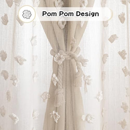 MYSKY HOME Double Layer Curtains for Girls Bedroom Kids Curtain Beige Pom Pom Sheer Window Curtains 2 Panels Beige Curtains Grommet Room Darkening Solid Nursery Curtains 63 Inches Length, W52 X L63 - color: Z-beige, size: 52"W x 63"L (Pack of 2)