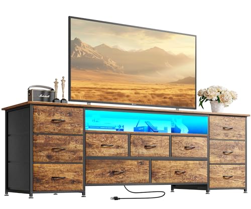 Huuger 63 Inch TV Stand for 65, 70 Inch TV, 11 Drawer Long Dresser with Power Outlets and LED Lights, Entertainment Center with Storage, Rustic Brown Dresser with PU Leather Surface - color: Rustic Brown, size: 13"D x 63"W x 26.8"H